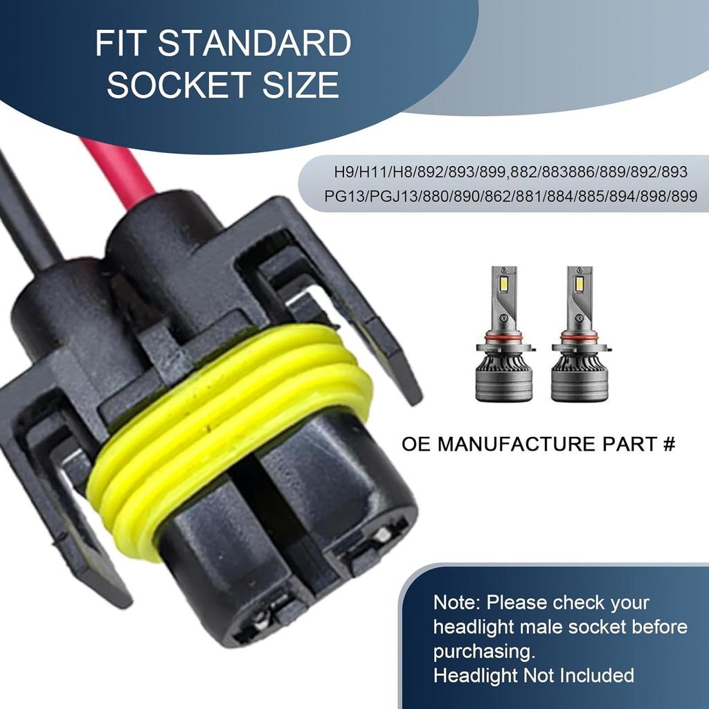 Pack-2 H11 Socket Wire Harness Connectors, Waterproof Fog Light Harness Plug, Multi-Purpose Pigtail Adapter Plug, For Fog Light High Low Beam Bulb
