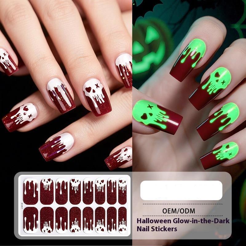 1 Arkusz Naklejki na Paznokcie na Halloween Wodoodporne Europejskie i Amerykańskie Kreskówkowe Dziecięce Słodkie Bez Pieczenia Nocne Światło Ozdoba Paznokci