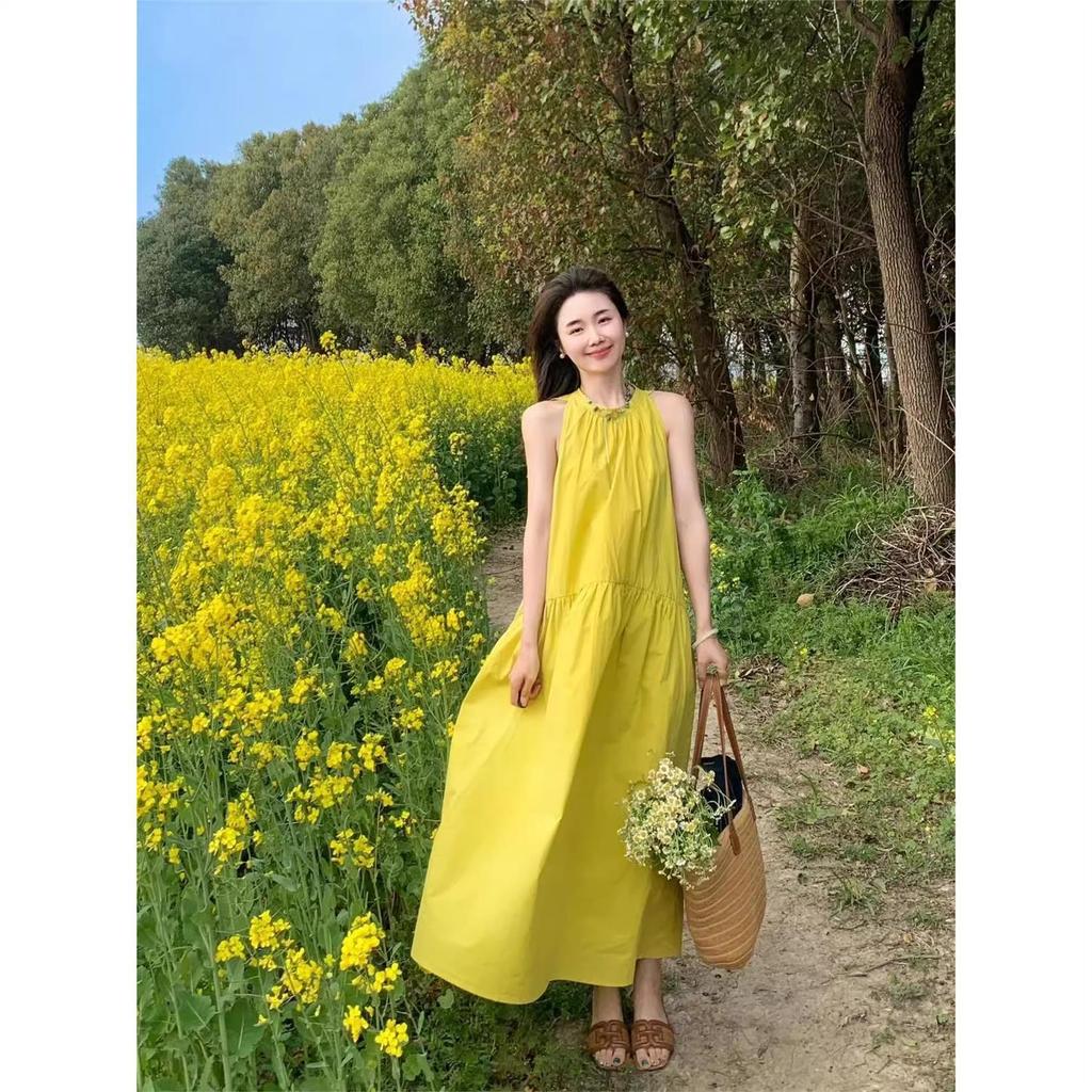 2026 Elegantes gelbes schulterfreies Neckholder-Sommerkleid für Damen