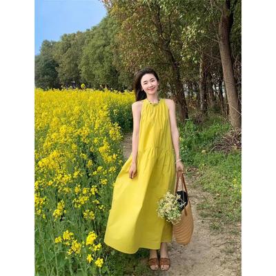 2026 Elegant Yellow Off-Shoulder Halter Neck Summer Dress for Women