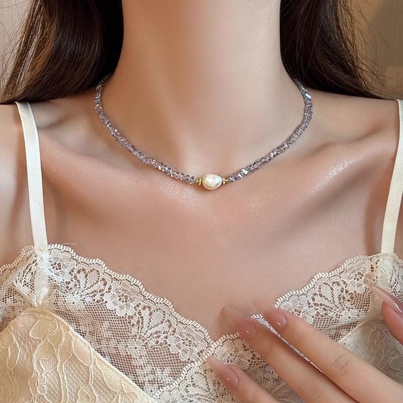Womens Baroque Freshwater Pearl Crystal Beaded Clavicle Necklace