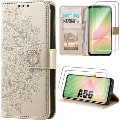 Coque pour Samsung Galaxy A56 5G - BOOLING - Cuir Synthétique Motif Mandala Oriental Doré - 2 Verres Trempés