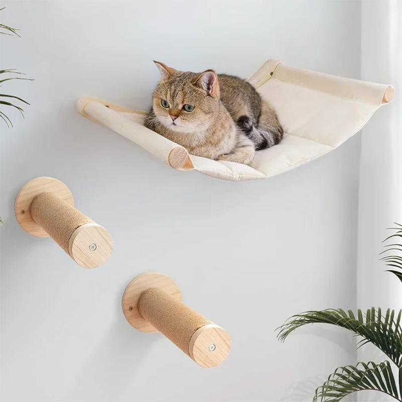 Wall-mounted  Cat Scratching Post Space-saving Wooden Hammock Pet Activity and Rest Set