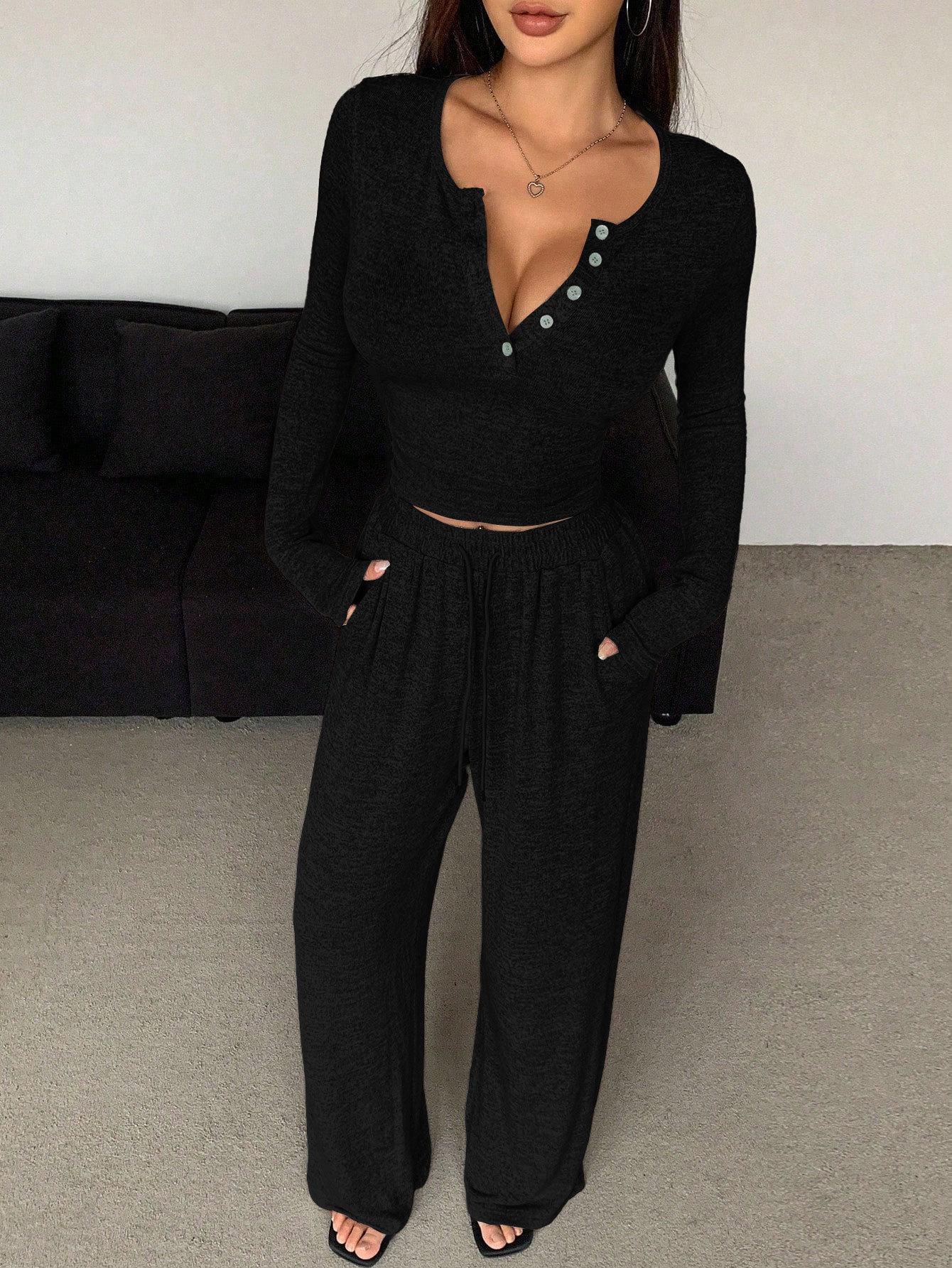 

Модний осінньо-зимовий комбінезон з V-подібним вирізом та широкими штанинами для жінок M чорний