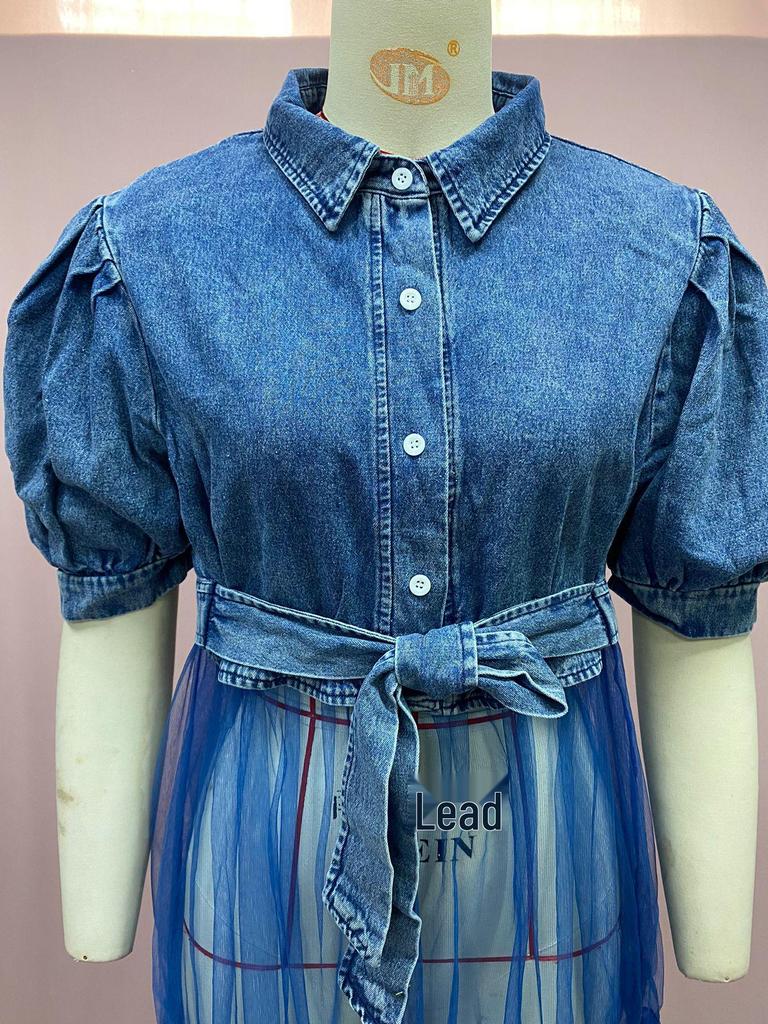 2025 Plus Size Women's Blue Denim Patchwork Mesh Cardigan Dress Skirt - European & American Style, Long & Stylish for Commuting