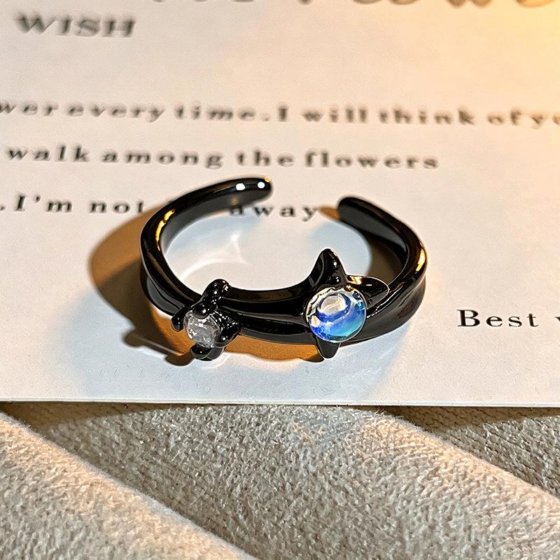Punk Gothic Open Ring Dark Sweet‑Cool Style Bat‑Wing Heart Star Enamel Inlaid Zircon Niche Personality Adjustable Stackable Decorative Ring
