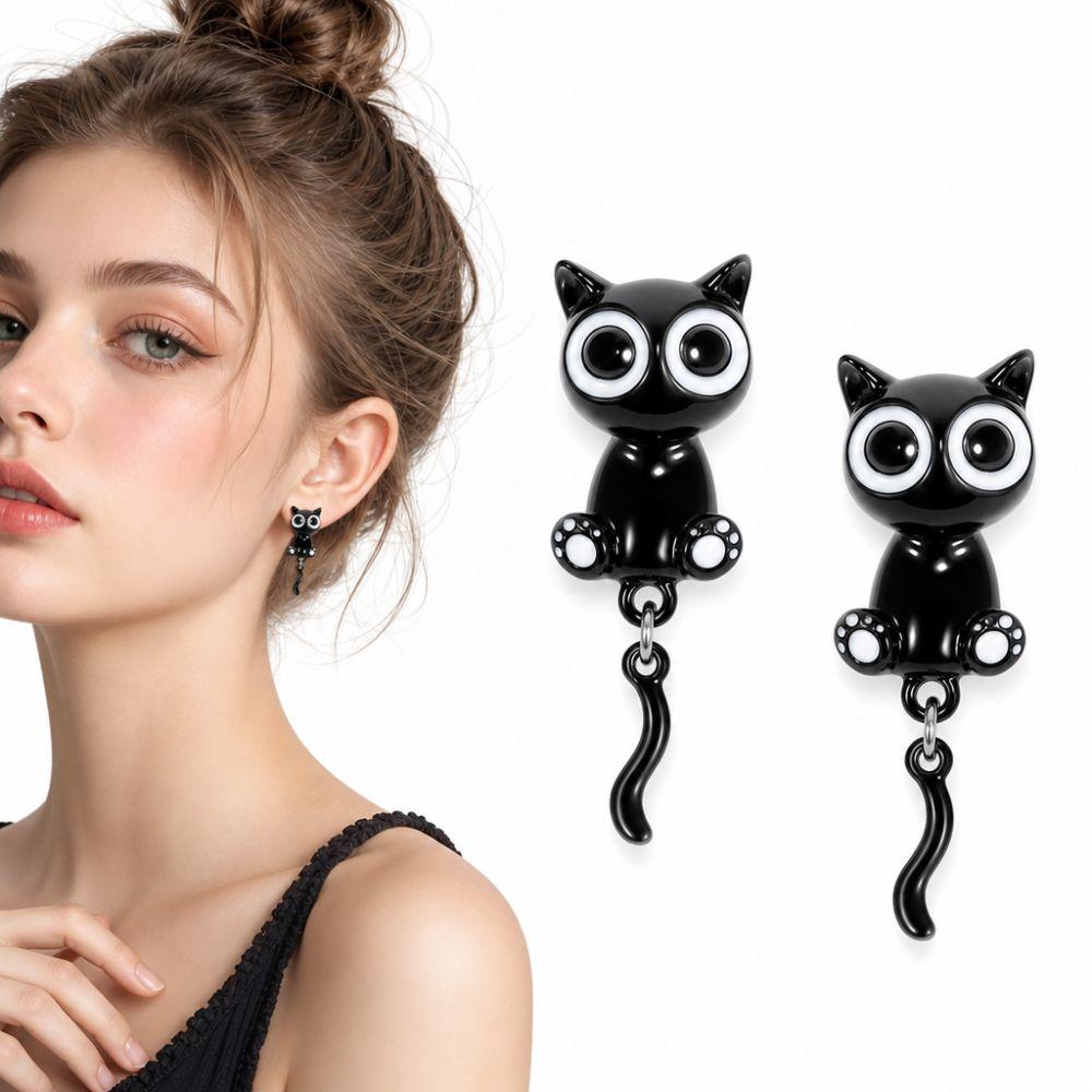 Cute Cartoon Style Black Kitten Earrings Sweet Light Luxury Earrings For Girl Women