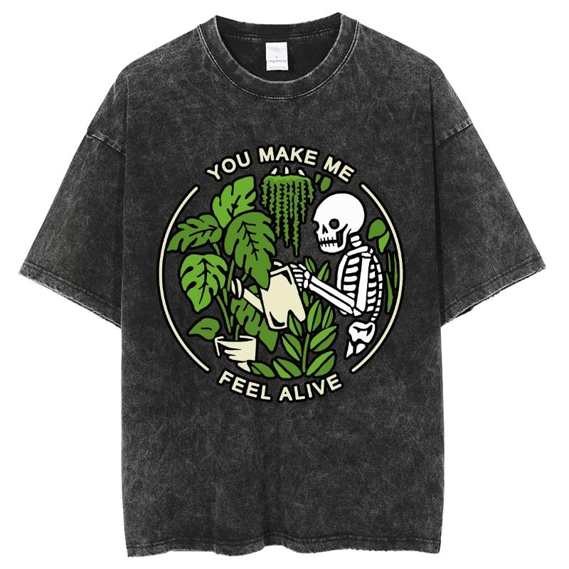 Summer Women's T-Shirt Skull with Botanical Print Oversized Crewneck Wash Distressed Short Sleeve Y2K Casual Top