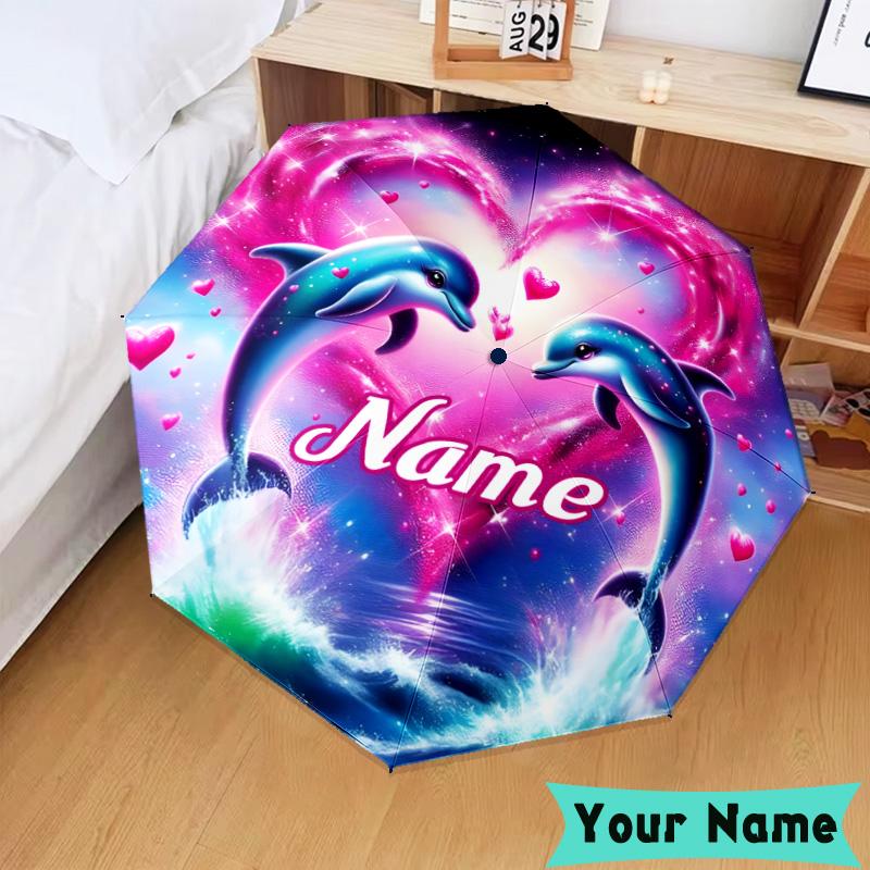 Custom Name Love Dolphins Heart Umbrella, Foldable Umbrella Suitable for Outdoor Shopping Travel Sports, Exquisite Gift for Family