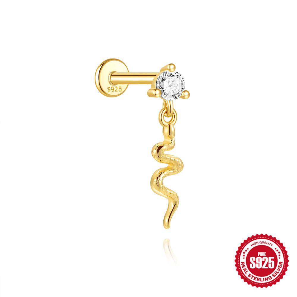 Classic 925 Silver Eight Pointed Star Snake Flower Inlaid Diamond Cartilage Earring 16G Flat Back Stud Piercing Minimalist Fashion
