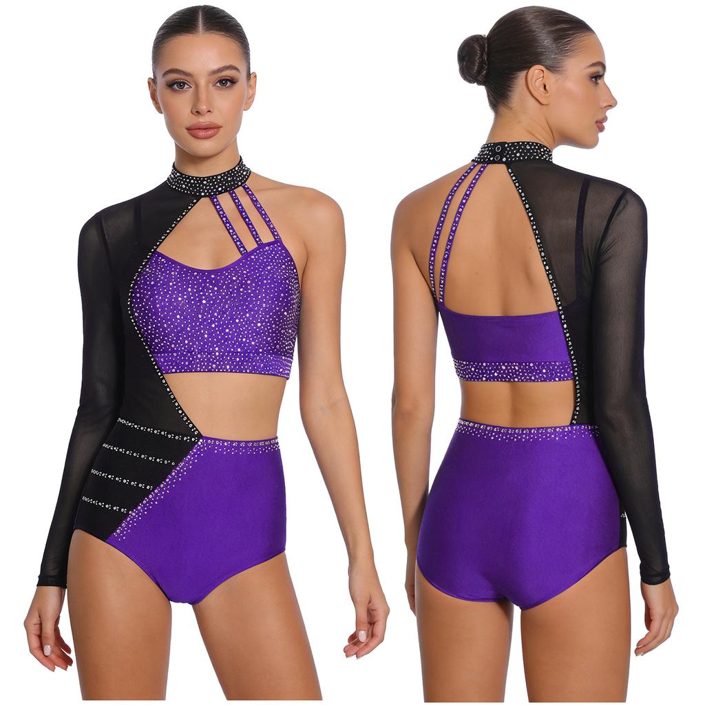 S-XXL Womens Gymnastics Leotard Bodysuit Rhinestone Color Blocking Asymmetrical Hollow Out Jumpsuit Figure Skating Tango Dancewear