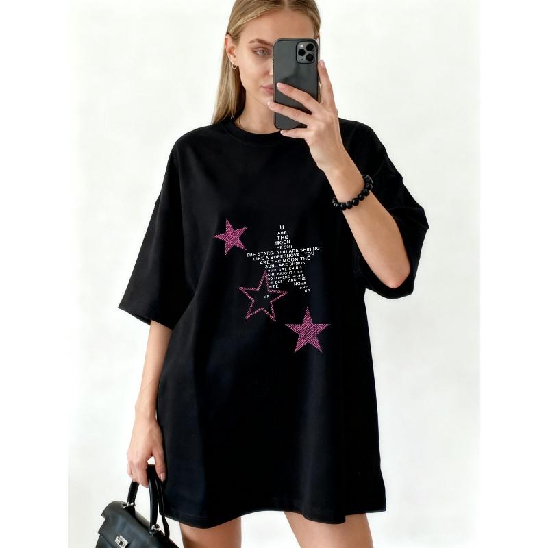 Oversized T Shirt Dress Black Star Print And Text Graphic Streetwear Fashion Casual Wear