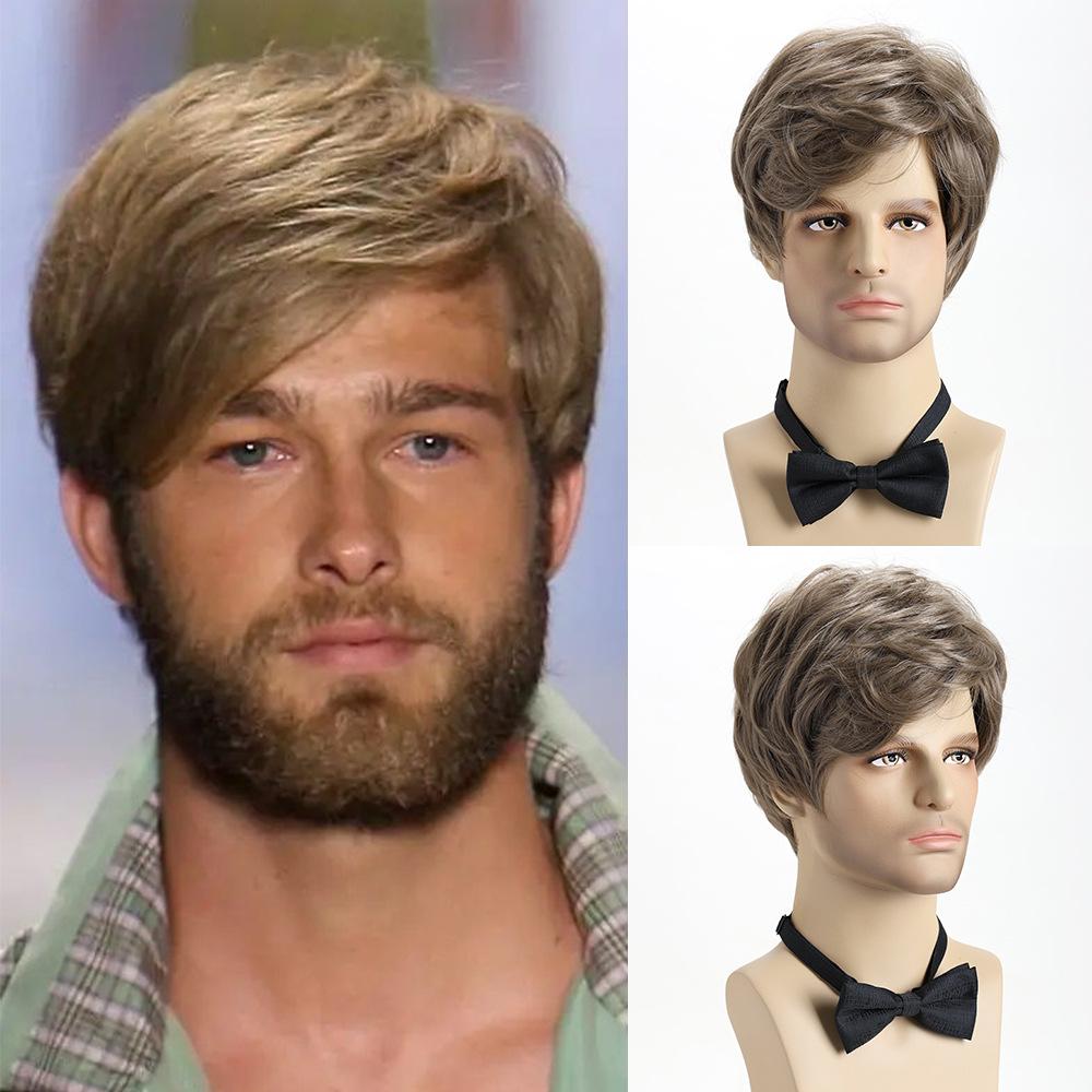 Мужской короткий прямой парик из коричневого синтетического материала, полный парик, европейский и американский стиль золотой