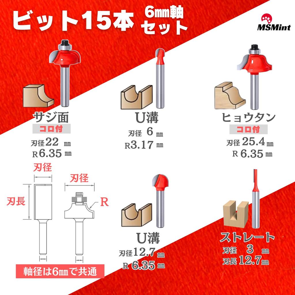 MSMint Routerbit, Trimmerbit, 0,2 tum (6 mm) Skaft, Sats, Rak, Pärlstickning, Fas, Rund