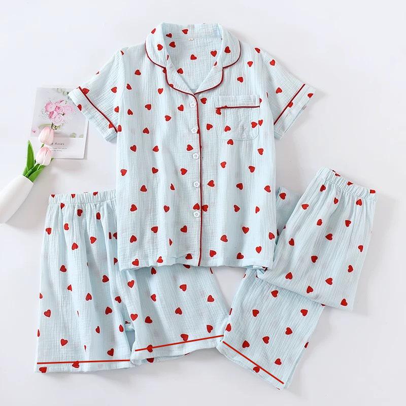 Women's Love Heart Pajama Set: Short Sleeve, Long Pants, 3-Piece Cloud Cotton for Indoors & Outdoors - Spring & Autumn