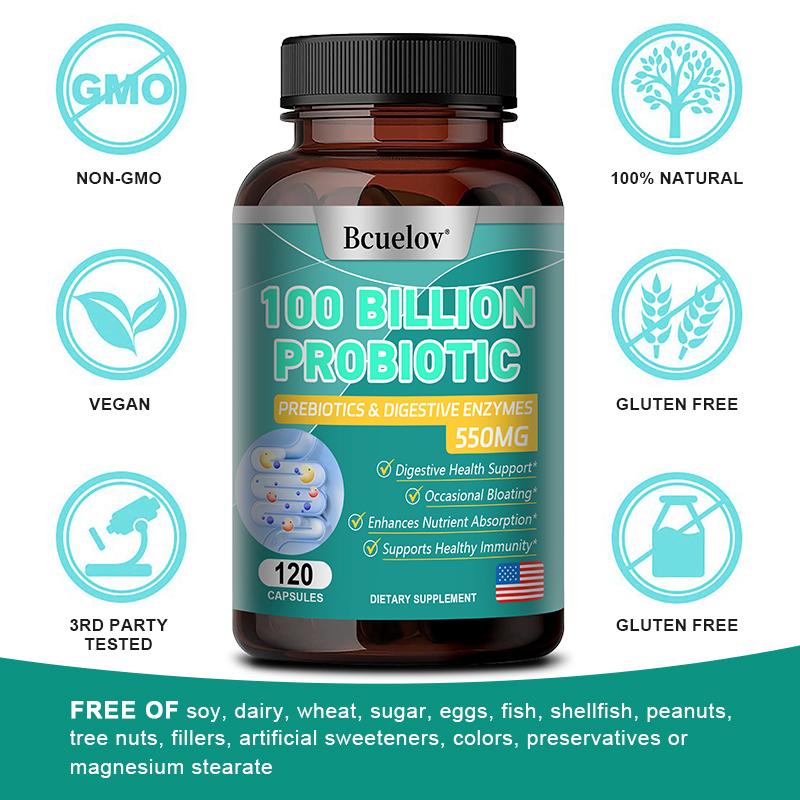 100 Billion Probiotics Prebiotics Digestive Enzymes 550mg 120 Capsules 120 Count