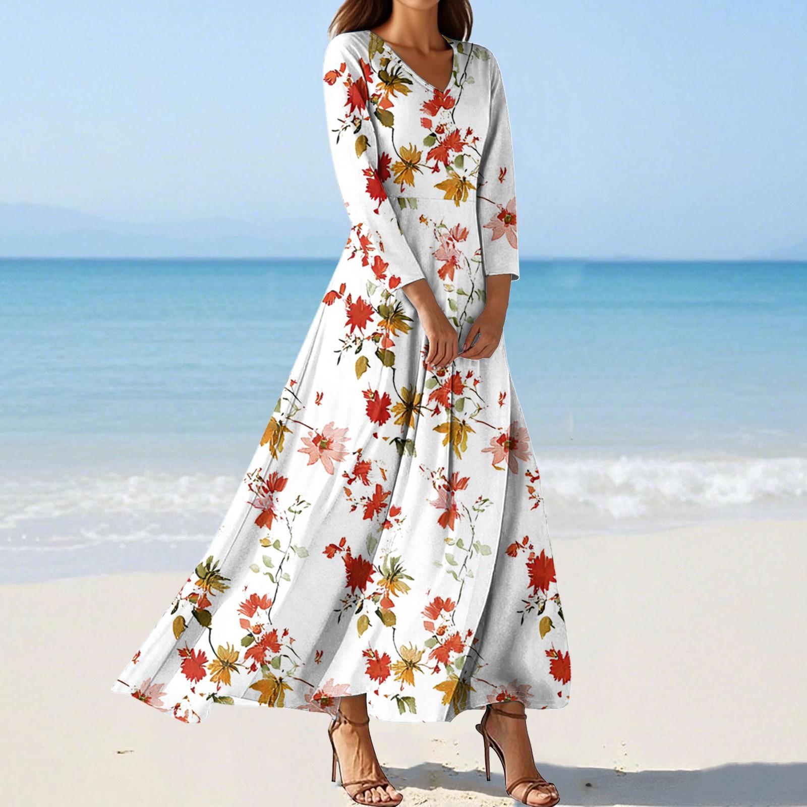 Women s Fashion V-Neck Floating Beach Dresses Seven Sleeve Floral Printed Dresses XL арбуз красный