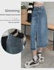 Women's High-Waist Retro A-Line Denim Midi Skirt with Front Slit for Pear-Shaped Figures