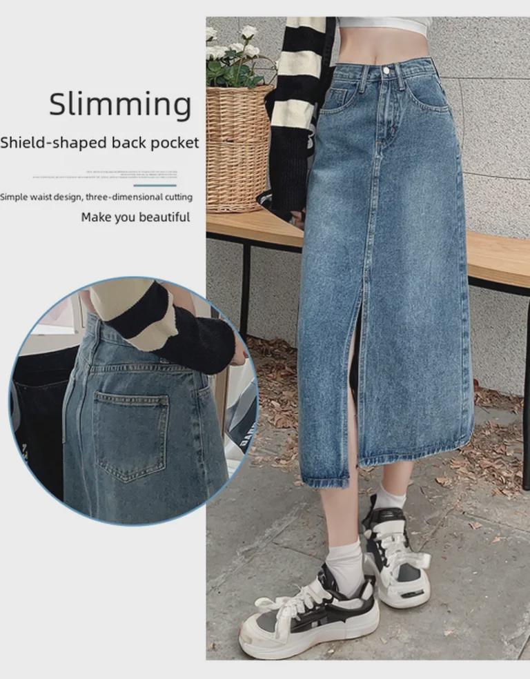 Dámská džínová midi sukně s vysokým pasem a rozparkem vpředu pro postavy typu hruška