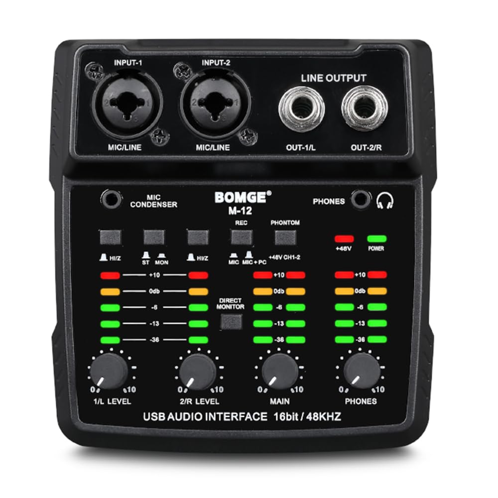 BOMGE M12 Audio Interface, 2-Channel Mixer with XLR/3.5mm Mic Input, 48V Power Supply, Sound Card for PC Recording/Studio/Live