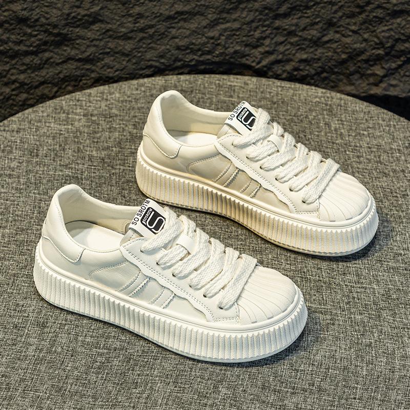 thick-soled little white shoes women's spring and summer new versatile casual board shoes shell head leather mesh flat-soled biscuit shoes