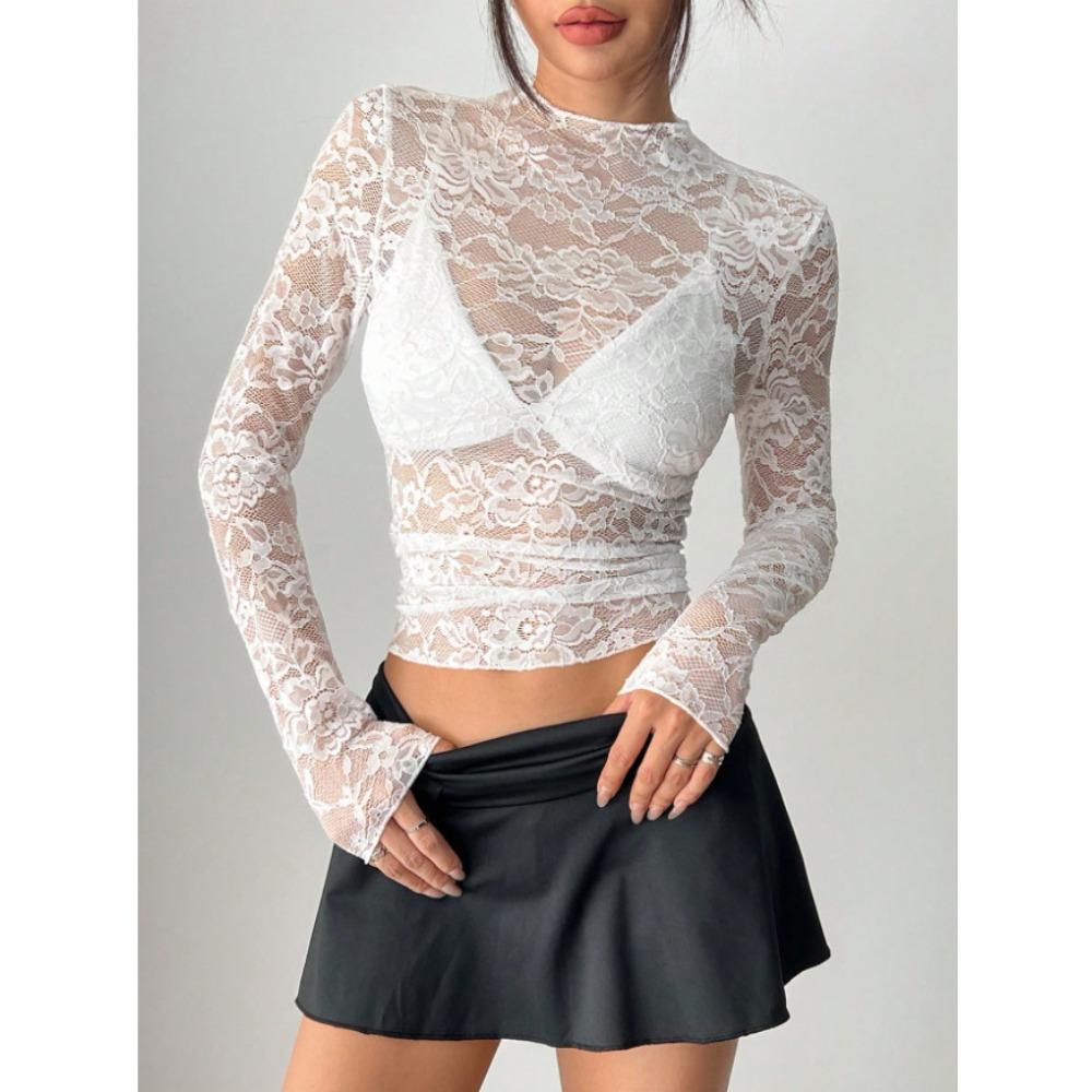 Women's Round Neck Long Sleeve Lace Top Slim Fit Elegant Blouse See Through Floral Lace Hollow Out Casual Shirt