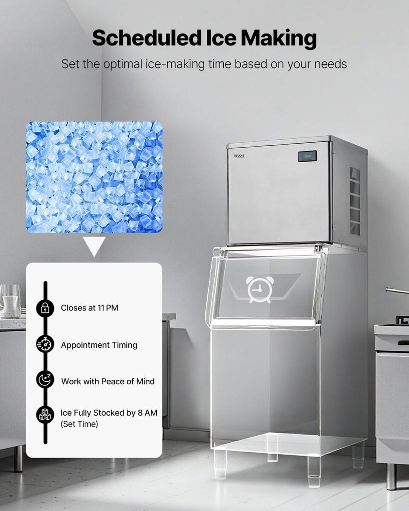Commercial Ice Maker Machine - Head, 204 kg/Day Stainless Steel Ice Machine with Scheduled Ice-Making, Self-Cleaning, Adjustable Thickness, Ideal for