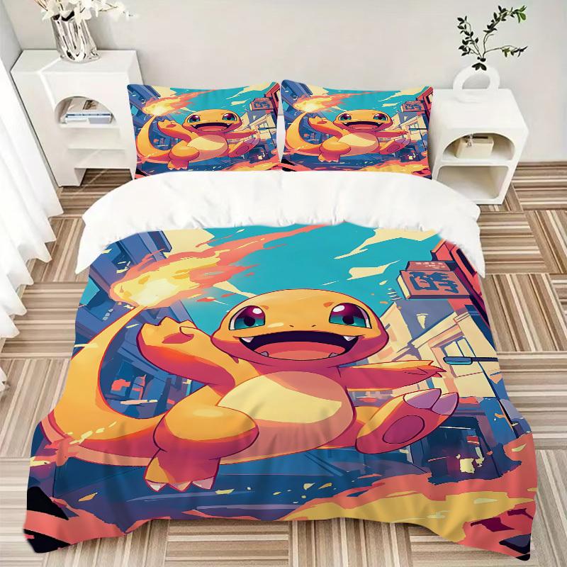 3pcs bedding set Flame Pokémon Includes 1 Comforter + 2 Pillowcases, Without Pillow Inserts, Soft Comfortable, Lightweight Breathable, Print