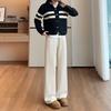 Women's Mid Rise Wide Leg Pants Straight Leg Trousers Winter Regular Weight Wool Blend Fleece Lined Commuter Loose Casual Pants With Irregular Detail
