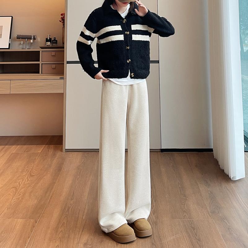 Women's Mid Rise Wide Leg Pants Straight Leg Trousers Winter Regular Weight Wool Blend Fleece Lined Commuter Loose Casual Pants With Irregular Detail
