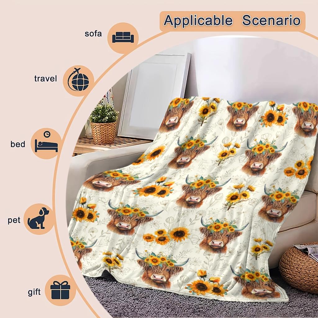 Custom Highland Cow Blanket Sunflower Floral Design Personalized Name Fleece Throw All Season Soft Warm Bedding Home Decor Gift