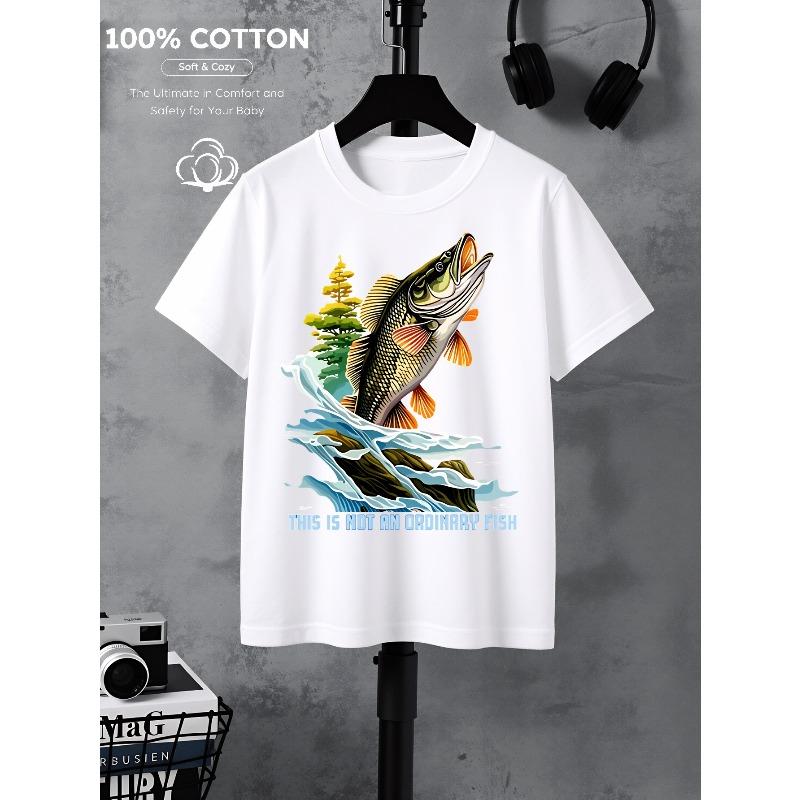 European Sizes Boys' Cotton T-shirt Fishing Fish Leaping Water Tree , Ideal for Outdoor Activities, Soft Knitted Top, Comfortable And Breathable