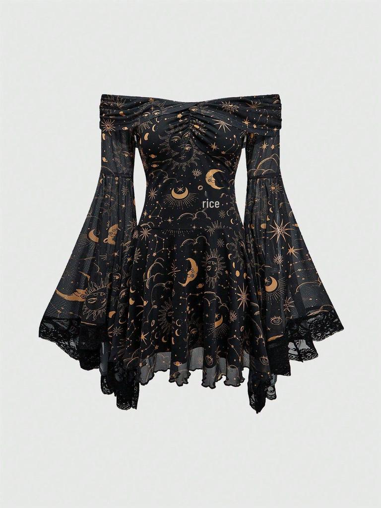 Gothic Star Moon Off-Shoulder Bell Sleeve A-Line Dress