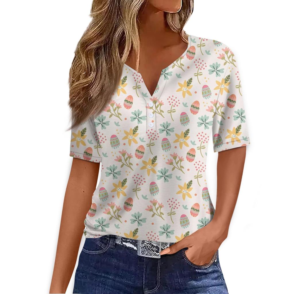 Women's Fashion Casual Easter Printed V-Neck Short Sleeve Decorative Button T-Shirt Top