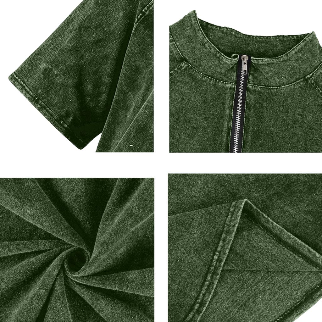 Men's Zipper Stand-up Collar Short-sleeved Distressed Washed Crewneck Casual Shirt