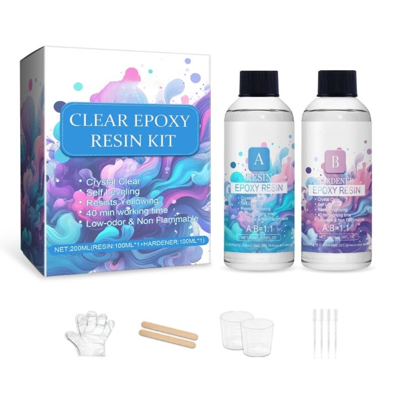 

6.76 унц Прозрачная эпоксидная смола для изготовления ювелирных изделий, художественная смола, включая 4 пипетки, 2 мерных стаканчика, 2 палочки, 2 пары перчаток
