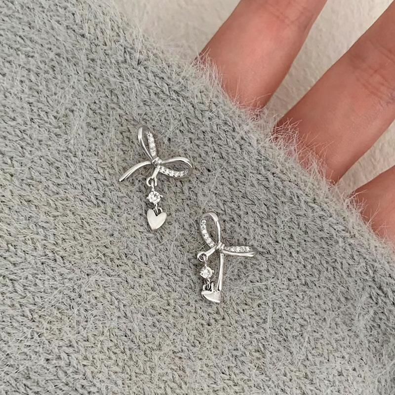 ANENJERY Bowknot Heart Zircon Pendant Earrings for Women Sweet French Delicate Luxury Design Simple Jewelry Gifts Wholesale