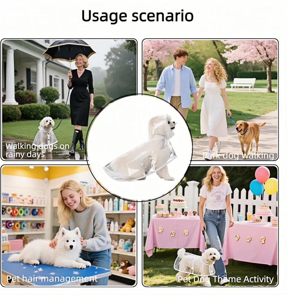 Clear Dog Rain Poncho for Small/Medium Dogs Heavy Waterproof Hidden Leash Hole Adjustable Snaps Anti-adhesive Hair Design Double