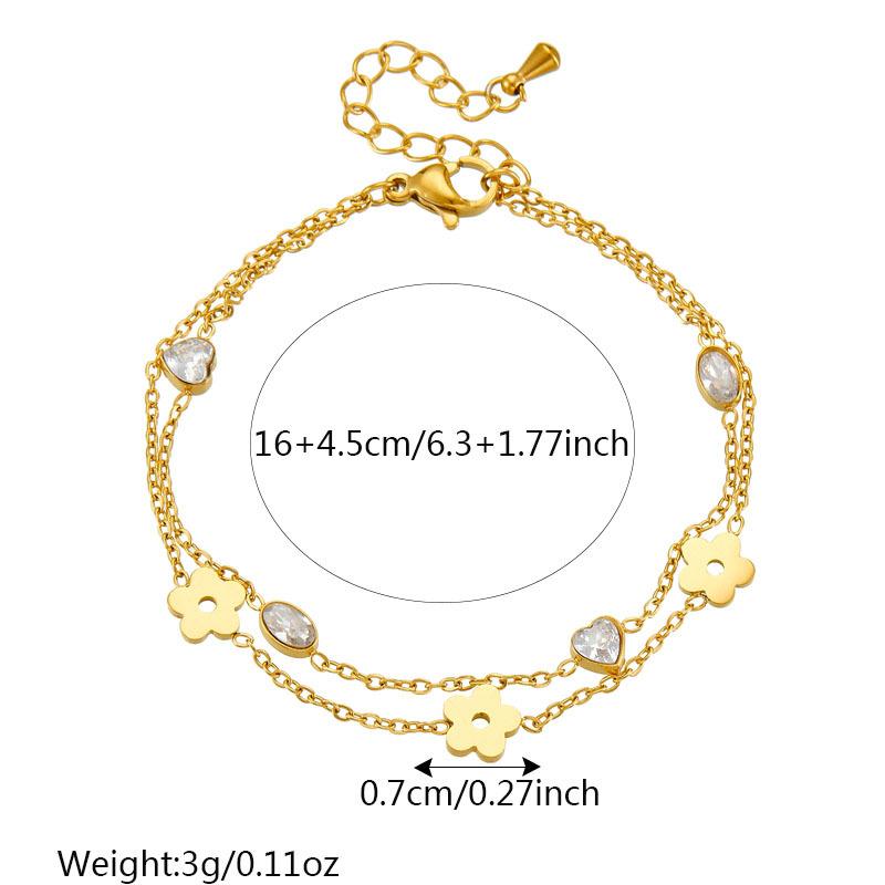 Gold Plated Flower and Heart Cubic Zirconia Double Layer Chain Bracelet for Women Stainless Steel
