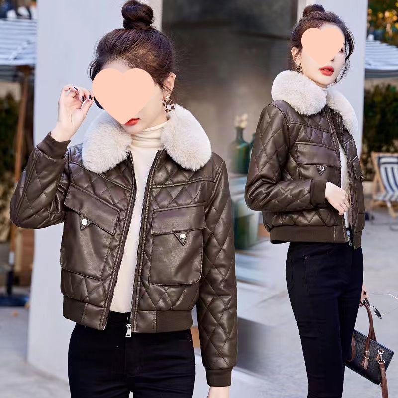Women's Short Fleece-Lined Leather Motorcycle Jacket - Winter Fashion Cotton-Padded Coat