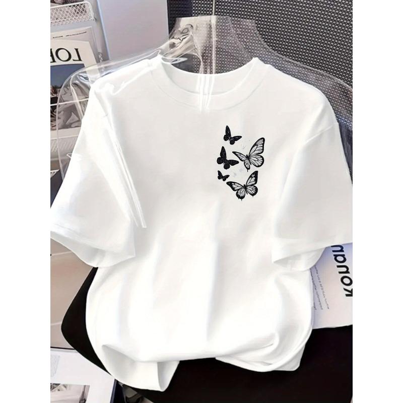European sizes Women'S Casual Short Sleeve T-Shirt with Butterfly Print - Relaxed Fit Round Neck, White with Black Line Art Design