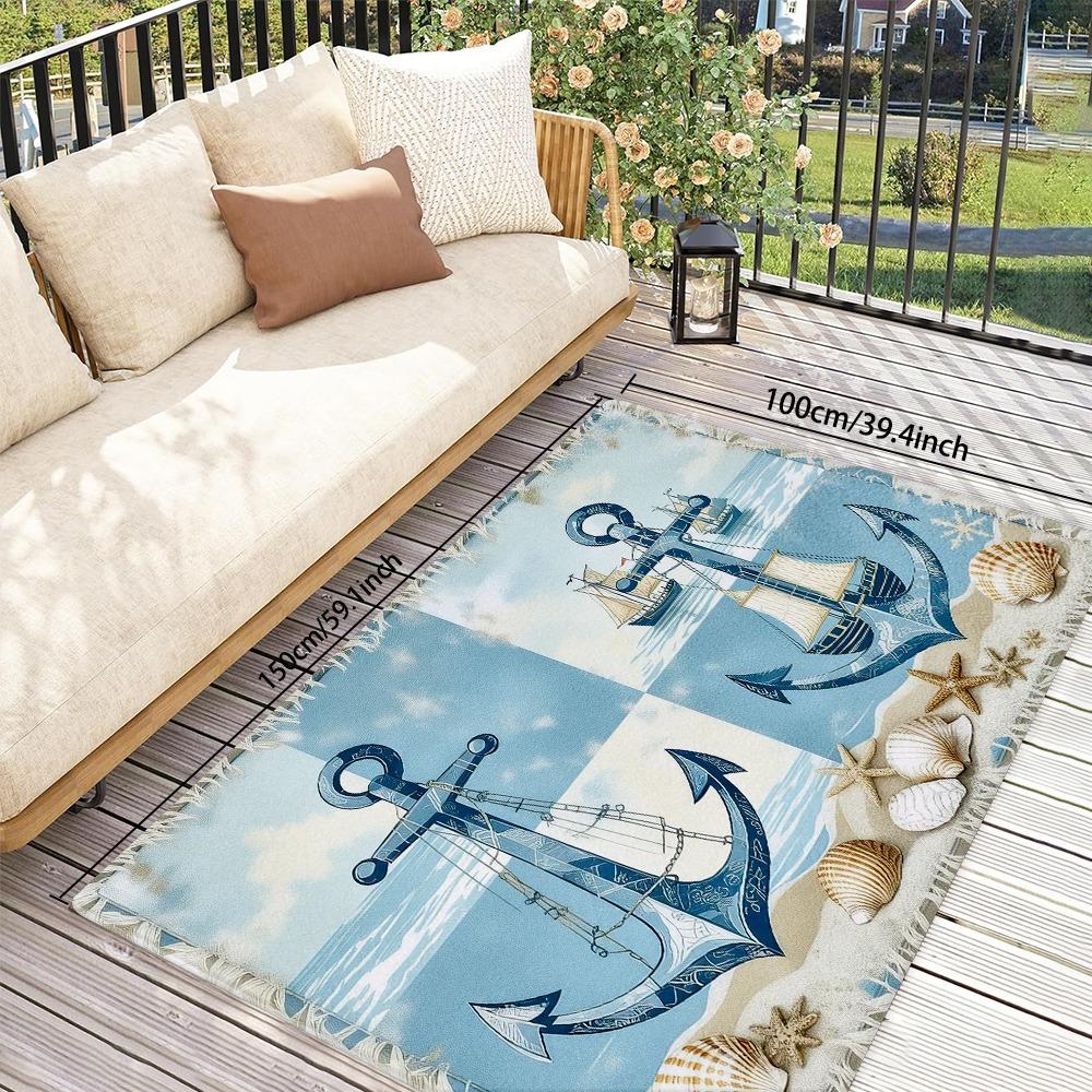 Nautical Coastal Beach Anchor Ship Doormat Welcome Mat Ocean Summer Decor Blue White Entrance Floor Mat House Rug