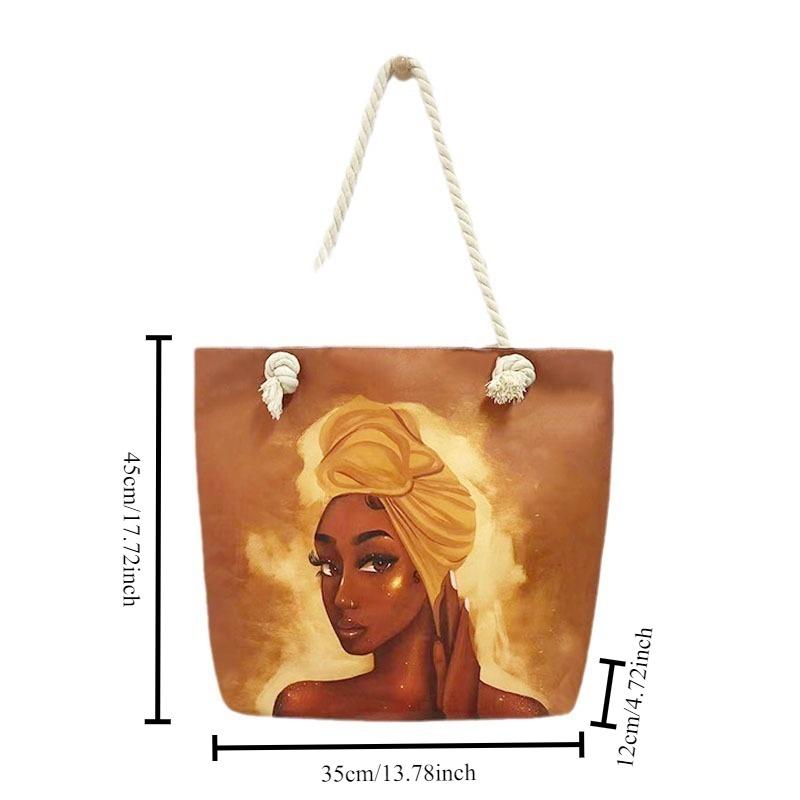 1pcs Stylish Multifunctional Tote Bag Large Capacity Beach Shopping Bag with Creative Print & Rope Durable