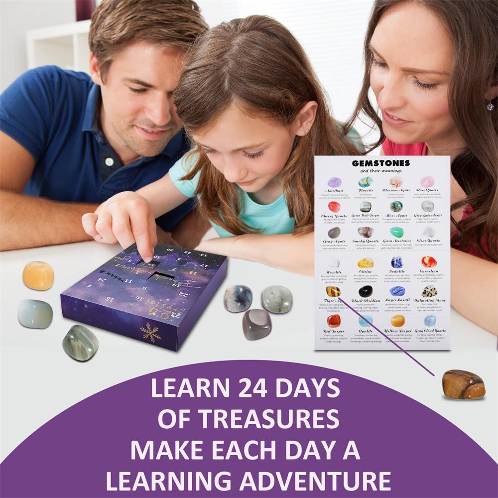 Christmas Advent Calendar With 24 Natural Crystal Agate Stones Minerals Fossils Surprise Blind Box For Kids Geological Learning Collection