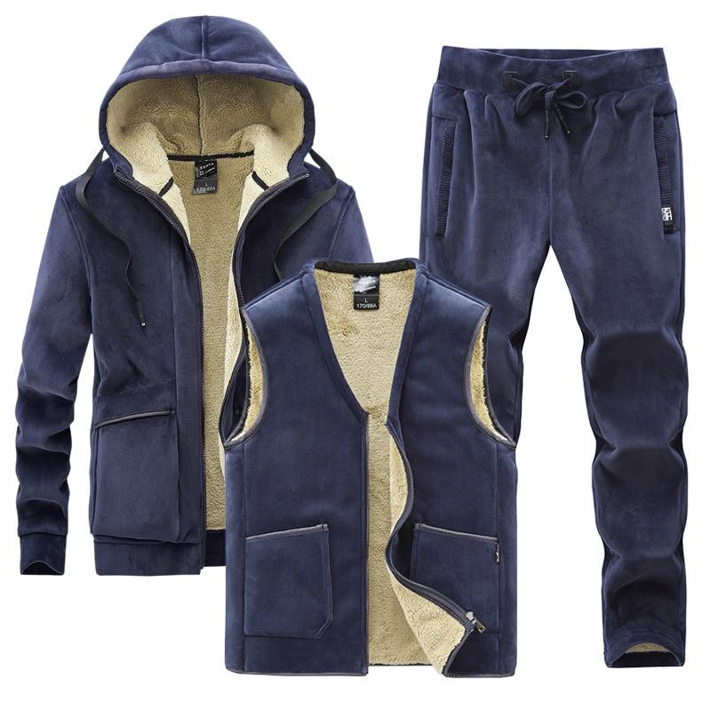 Men Winter Plus Velvet Thick Tracksuits Men's Lamb Cashmere Hoodies Vests Pants Three Pieces Sets Men Warm Casual Lamb Woolen Sets