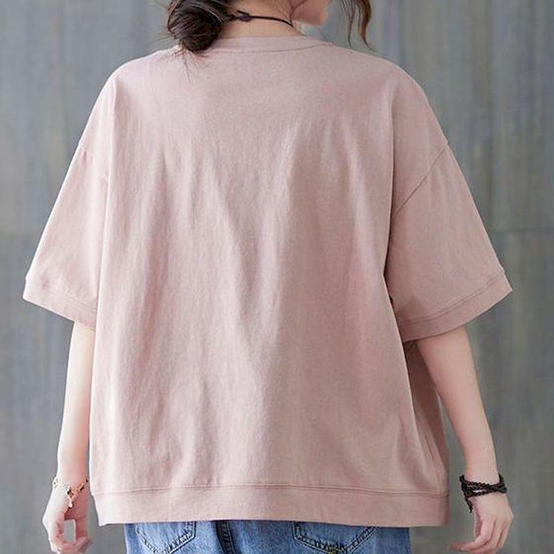 Bawełniane T-shirty Damskie Moda Haft Literacki Oversize T-shirt Casual Luźny Krótki Rękaw Pulower Kieszeń T-shirt Letni