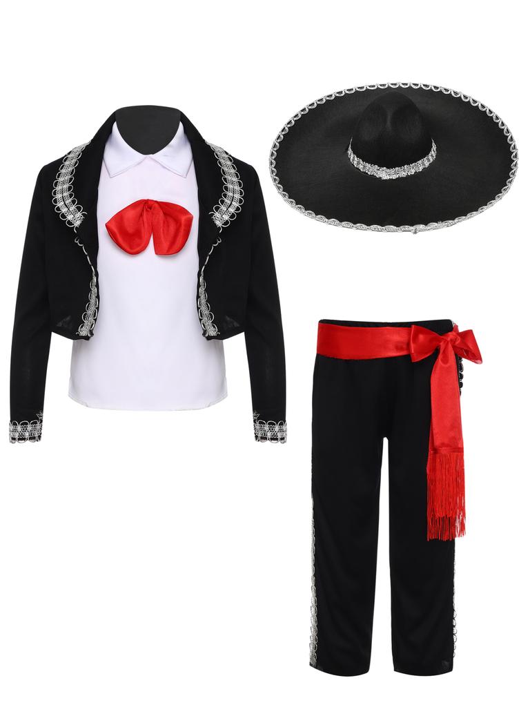 Dětský tradiční mariachi kostým 5dílná sada včetně vesty kalhot saka pásku klobouku pro Halloween mexický cosplay vystoupení