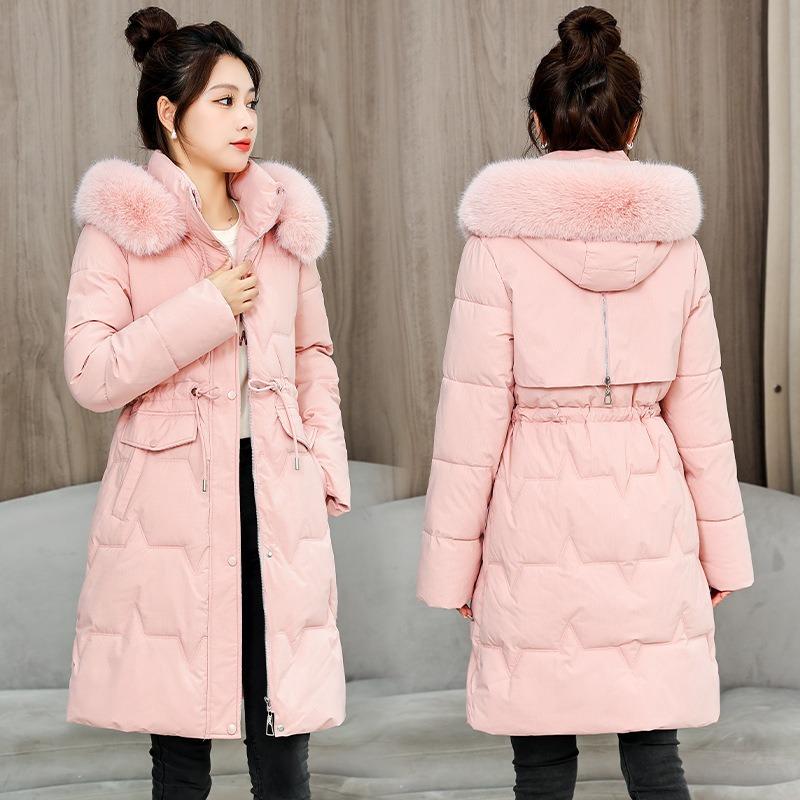 Medium and long slim-fitting large fur-neck cotton-padded clothes, new thin warm cotton-padded clothes, slim-fitting coats.