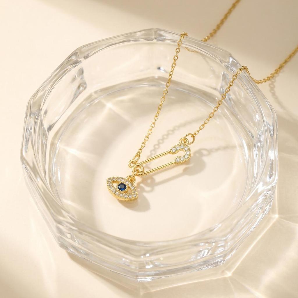 Protection Amulet Necklace Gold Plated Safety Pin Cross Blue Evil Eye Coin Charms Jewelry for Women Waterproof