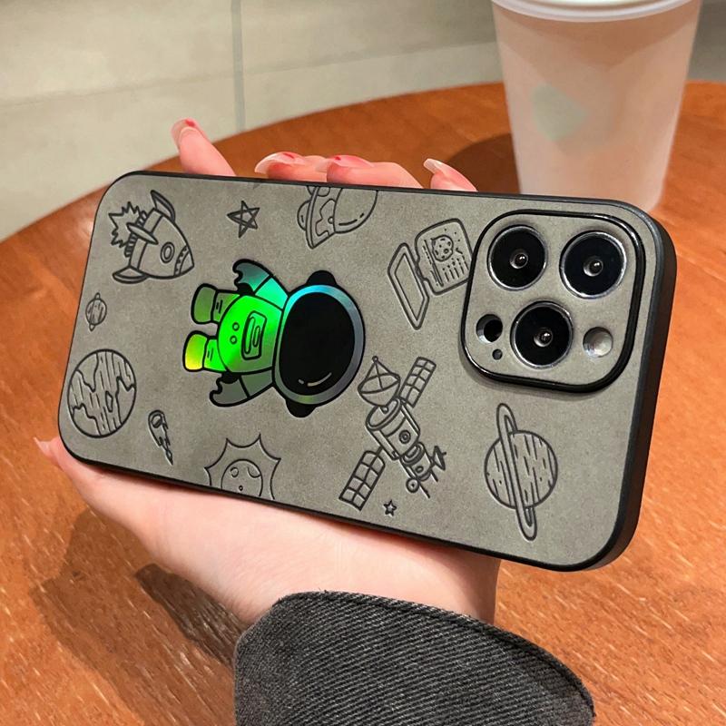 Husă de lux cu laser astronaut pentru iPhone 14 13 12 11 Pro Max 7 8 Plus X Xs XR Max Skin Feel Husă de protecție din piele PU Protecție completă a lentilei